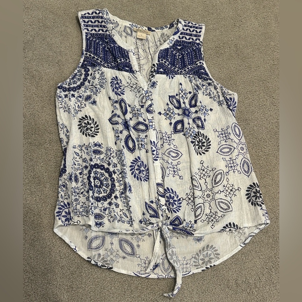 Lucky Brand Blue and White Tie Front Blouse